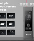 ProTap 2-in-1 Laser Measure & Line Laser 393 FT showing features for distance, area, and volume measurements on display.
