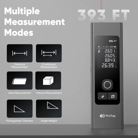 ProTap 2-in-1 Laser Measure & Line Laser 393 FT showing features for distance, area, and volume measurements on display.