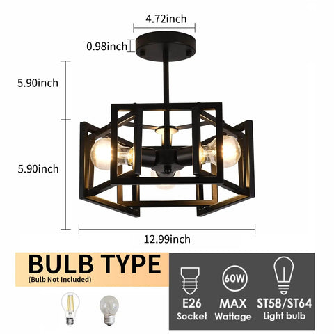 Dimensions and bulb type of Semi Flush Mount Ceiling Light Fixture, 3-Light Black Industrial Style With E26 Base shown