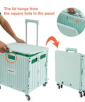 MACOPRO folding utility cart in mint green with lid open, four caster wheels, plastic crate.