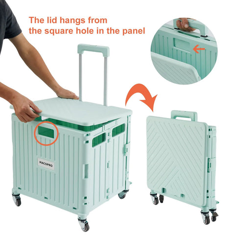 MACOPRO folding utility cart in mint green with lid open, four caster wheels, plastic crate.