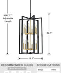 12 Light Farmhouse Pendant Light With Dope Vintage Gold Accents And Industrial Black Finish Semi Flush Mount Ceiling Fixture For Kitchen Island Dining Room Hallway Entryway And Bedroom, shown with detailed dimensions and specifications.
