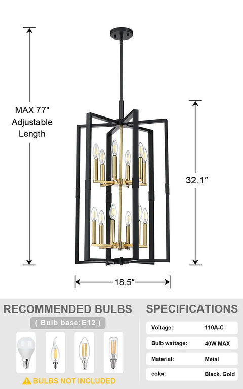 12 Light Farmhouse Pendant Light With Dope Vintage Gold Accents And Industrial Black Finish Semi Flush Mount Ceiling Fixture For Kitchen Island Dining Room Hallway Entryway And Bedroom, shown with detailed dimensions and specifications.