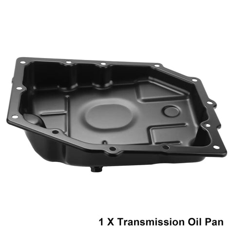 Black 42RLE Transmission Oil Pan Kit, visible holes for attachment, fits wide range of SUVs and trucks, durable design