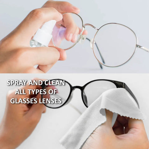 Streak Free Lens Cleaner Spray Kit With Two 2oz Bottles And Four Microfiber Cloths cleaning eyeglasses, showing spray and wipe action.