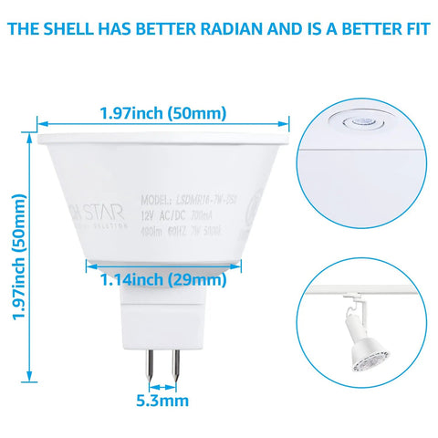 Diagram of MR16 LED Bulb Dimmable 7W GU5.3 50W Equivalent 490Lm 5000K Daylight All Aluminum Housing, dimensions included.