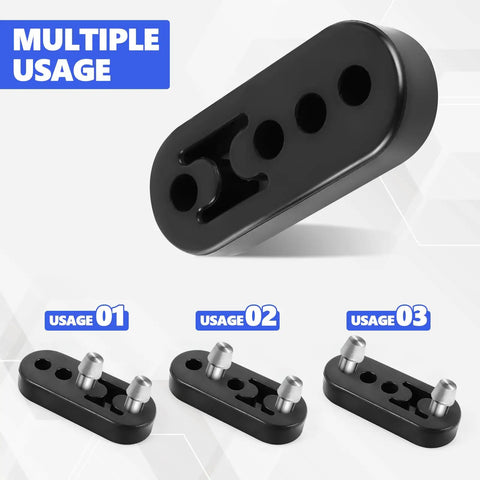 Rugged Pro Grade Exhaust Hanger Set For Cars Four Pack 0.47 Inch Four Hole Adjustable Muffler Hanger multiple usage options shown.