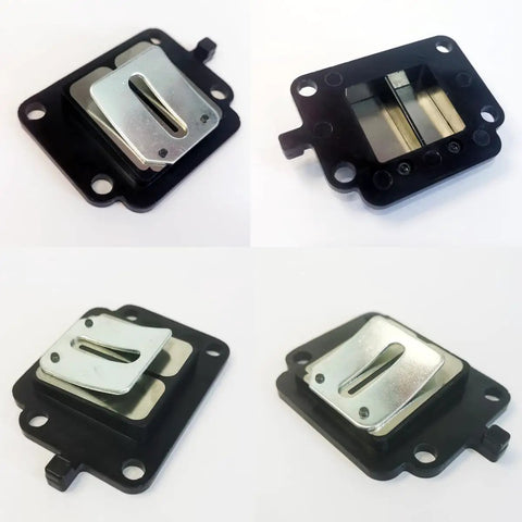 Four angles of High Performance V100 Cylinder Body Kit With 50mm Bore for 66cc 80cc 100cc two-stroke engines showing metal plates.