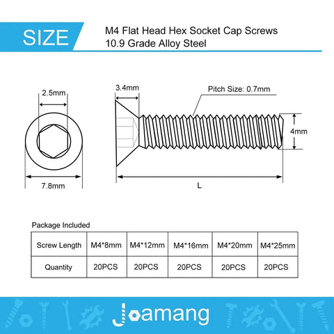 Technical drawing of M4 Flat Head Hex Socket Cap Screws Set Includes 8Mm 12Mm 16Mm 20Mm 25Mm Lengths, Built Tough 100Pcs.