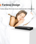 Sixteen Port Gigabit Unmanaged Ethernet Switch With Plug And Play Setup, Fanless Metal Design, shown near sleeping woman
