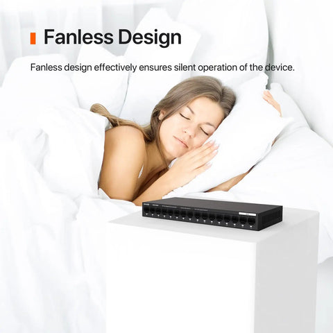 Sixteen Port Gigabit Unmanaged Ethernet Switch With Plug And Play Setup, Fanless Metal Design, shown near sleeping woman