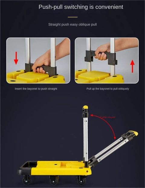 Heavy Duty Folding Platform Hand Truck With 6 Wheels Trolley Cart And Stretchable Handle For Home And Office Use Yellow, Anti Slip Chassis, Telescopic Design, Foldable, Space Saving All Purpose Cargo Carrier, folding handle detail