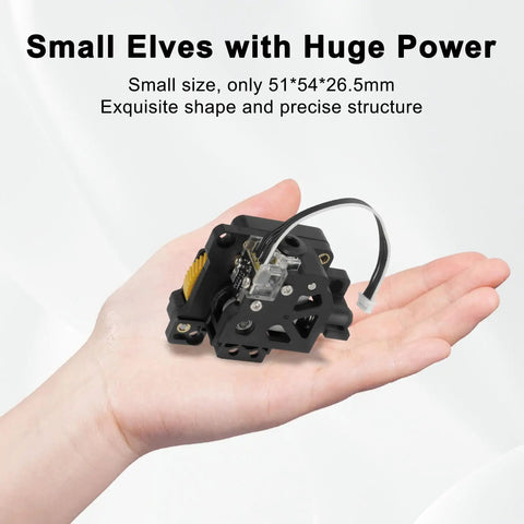 X1 Extruder Unit With Hardened Steel Dual Gears For X1 X1C X1 Carbon 3D Printers held in a hand, showcasing its compact size.