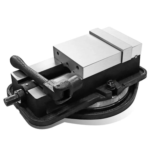 Heavy Duty Angle Fixed Machine Vise Built Badass For Serious Milling Jobs And Daily Shop Work With Grippy Flat Jaw Pads and round base.