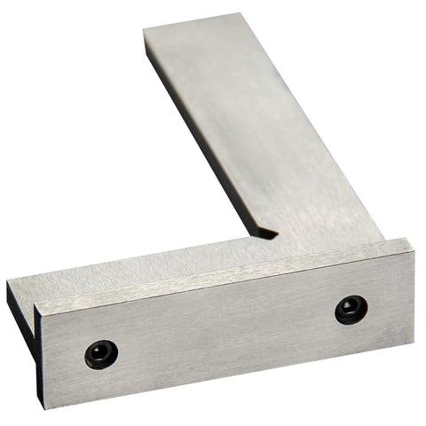 Angled front view of a 4-inch steel machinist square (engineer square) showing a 90-degree right angle.