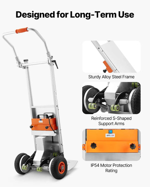 VEVOR Electric Stair Climbing Dolly 440 Lb Capacity Heavy Duty Hand Truck With 157.5 Inch Rope Folding Handle For Warehouse Logistics Moving Furniture Silver fast and slow speed settings, IP54 rating, alloy steel frame.