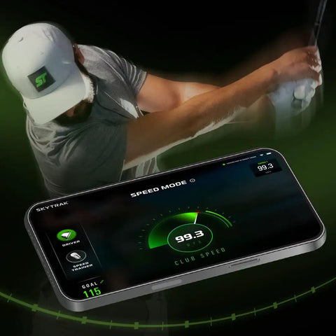 Golfer using ST Max Launch Monitor And Protective Shield Bundle With Dual Radar And Photometric Precision Speed Training Powered By GolfTEC Tour Level Accuracy For Indoor Golf Simulators, showing speed mode on device