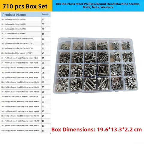 Top Shelf 710 Piece 304 Stainless Steel Fastener Kit with assorted machine screws, bolts, nuts, and washers in a clear organizer.