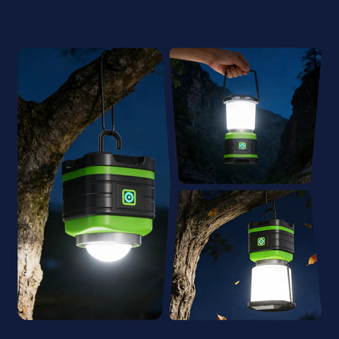 LED Camping Lantern Battery Powered Lights Portable Lanterns For Emergency Power Outages Hurricanes Outdoor Hiking And Survival Gear Home Use 2 Pack All Weather Ready hanging on tree at night