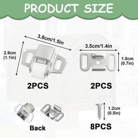 Dimensions of Spring Loaded Roller Latch Replacement Kit for Cabinets and Mailbox Doors with Screws Keeps Cabinet Closures Quiet Secure and Rattle Free Easy Install for Kitchen Cabinets RVs Cupboards and Furniture Repairs kit components including roller catches, strike plates, and screws