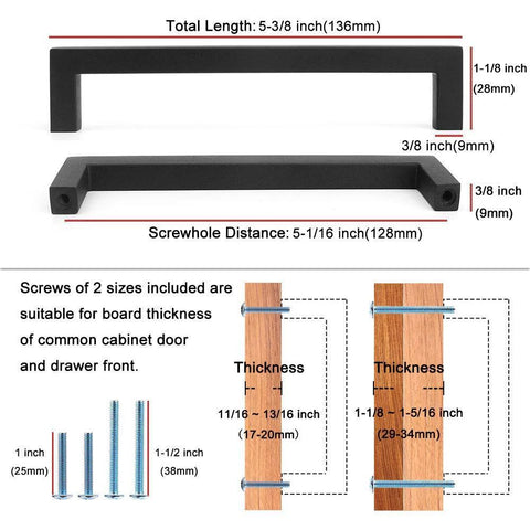 Diagram showing dimensions and screws of Oil Rubbed Bronze Solid Square Kitchen Cabinet Handles 5 Inch 10 Pack Durable Solid Metal Hardware.