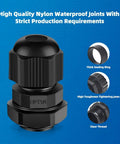 Waterproof NPT Quarter Inch Cable Gland Kit Twenty Pack With Adjustable Fittings Nylon PA66 With Gaskets shown with sealing ring and jaws