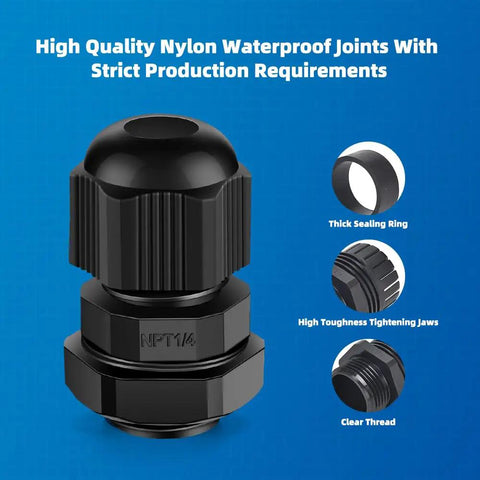 Waterproof NPT Quarter Inch Cable Gland Kit Twenty Pack With Adjustable Fittings Nylon PA66 With Gaskets shown with sealing ring and jaws
