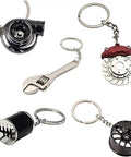 Car Enthusiast 5 Piece Keychain Set For Gearheads With Manual Shifter Wheel Rim Wrench Turbo Brake Disc And Pad Keychains