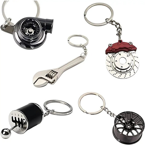 Car Enthusiast 5 Piece Keychain Set For Gearheads With Manual Shifter Wheel Rim Wrench Turbo Brake Disc And Pad Keychains