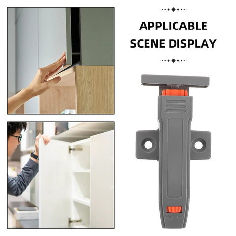 Heavy Duty Push Door Catch Kit for Cabinets and Pantry, adjustable self-closing latch with quiet, self-locking mechanism in use.