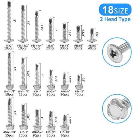 Self Drilling Screws Kit For Metal And Wood, 420 Piece Multi Size Set In 410 Stainless Steel shows various screw sizes and types
