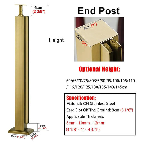 Rock Solid Weatherproof Glass Railing Posts For Decks Patios Stairs Sleek Silver Balustrade Brackets 304 stainless steel end post 11cm base 85cm height.