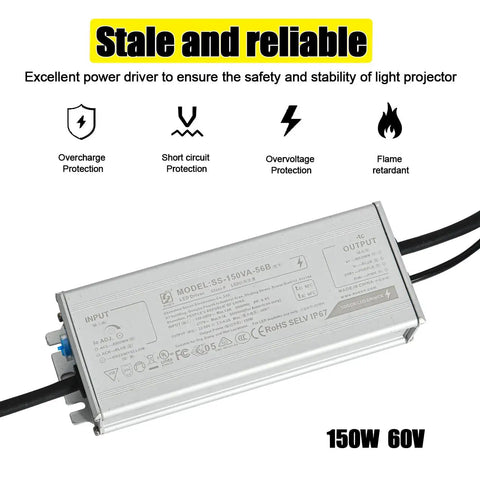 Beefy 150W Waterproof IP67 LED Driver Power Supply For 22-56V DC LED Lights, Wide 100-277V AC Input, Auto Recovery Overload And Over Temperature Protection, Ideal For Outdoor Canopy And Landscape Lighting