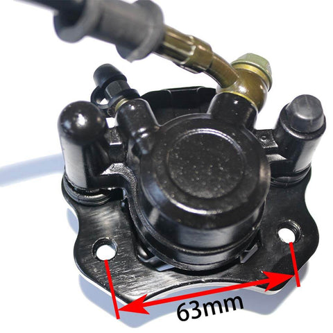 Top view of Rear Hand Hydraulic Disc Brake Master Cylinder Caliper Assembly With New Brake Pads for 50cc to 250cc ATVs, includes mounting hole spacing