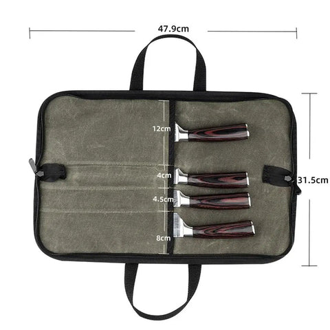 Open view of Chef Knife Roll Bag With Canvas Design Adjustable Shoulder Strap And Multiple Knife Slots showing knife placement