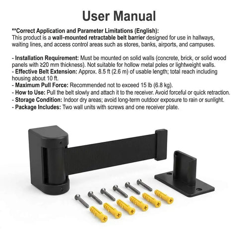 Wall Mounted Retractable Belt Barrier Two Pack For Crowd Control with 10 Foot Belts shown with installation hardware and user manual.