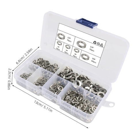 Stainless Steel Washers Set 350 Pc Assortment With Multiple Sizes And Spring Lock Features, Flat Washers For Screws And Nuts, Built For Auto And Industrial Projects, Durable Gasket Washers For Any Hardware Job. Open storage box with assorted stainless steel washers and size labels.