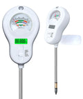 Six In One Soil Tester with light, moisture, pH, temperature, humidity, and nutrient readings for gardens and indoor plants, front and side view