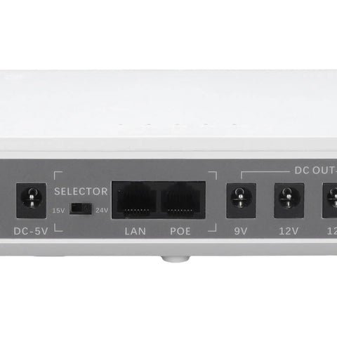 Reliable Mini UPS Backup With 8000 Mah Battery For Router And Modem showing input and output ports and selector switch.