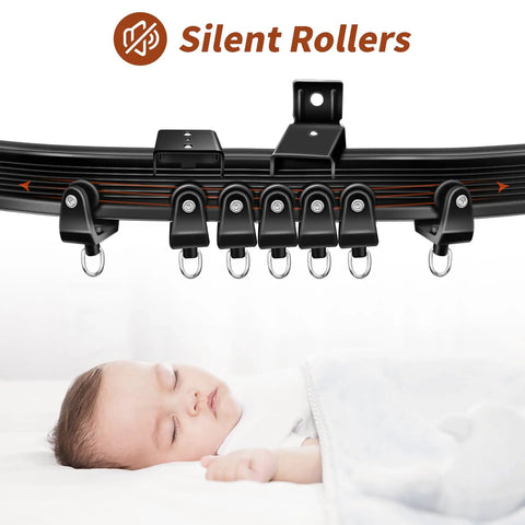 10-Foot Flexible Black Curtain Track System With Bendable Curved Rail For Ceiling Or Wall Mount, Sliding Track For Bay Window RV Room Dividers, Includes Brackets And Easy Fuss Installation. Black bendable curtain track with silent rollers, brackets, and hooks