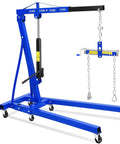 Heavy Duty Hydraulic Engine Hoist With 4400 Lb Capacity Telescoping Boom Folding Cherry Picker Shop Crane with blue frame and wheels.