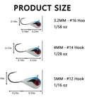Glow Paint Tungsten Ice Fishing Jigs 6 Pack size chart for winter crappie and bluegill with ultra sharp high carbon steel hooks.