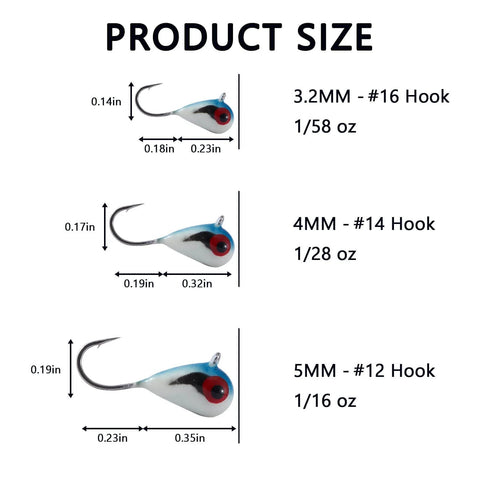 Glow Paint Tungsten Ice Fishing Jigs 6 Pack size chart for winter crappie and bluegill with ultra sharp high carbon steel hooks.