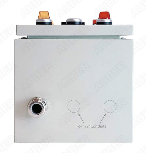 Side view of a heavy duty powder coating oven control panel with PID controller, timer, dual volt and amp meter, wall mount enclosure, 240V 30A 7200W.