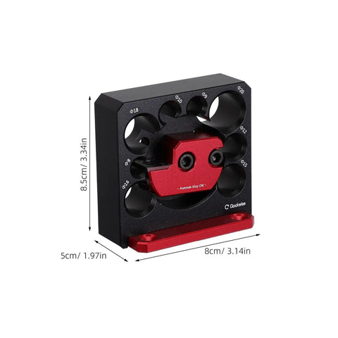 Premium Adjustable Dowel Cutter Jig With 8 Precision Holes for Drill, CNC aluminum alloy tool, 8.5cm x 8cm, precise hole spacing.