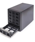 Heavy Duty 5 Bay External Hard Drive Enclosure In Sleek Black showcasing open drive bay for easy access.