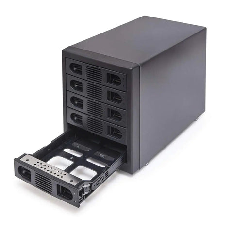 Heavy Duty 5 Bay External Hard Drive Enclosure In Sleek Black showcasing open drive bay for easy access.