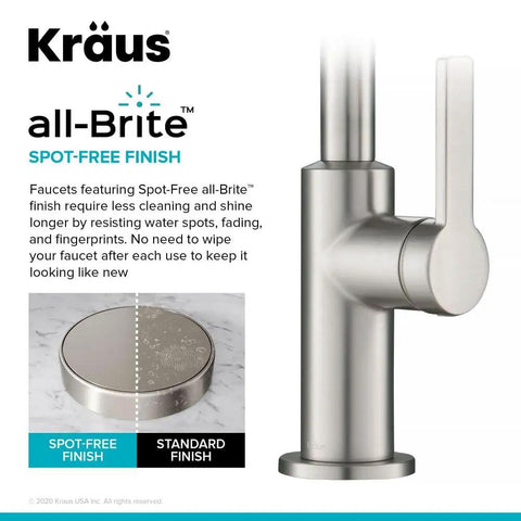 Oletto Single Handle Kitchen Bar Faucet in Spot Free Stainless Steel showing spot-free and standard finish comparison