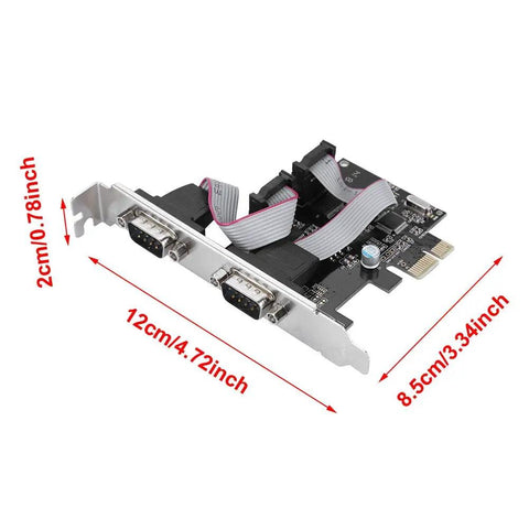 PCI Express To RS232 Serial Port Adapter Card With Two Port High Speed Data Converter for industrial automation systems, dimensions shown.