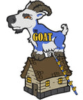 Cartoon goat logo on house roof beside Steep Assist Roof Ladder Compact Lightweight No Fuss Setup Access Tool With 5 Poles Soft Touch Hook Pad And Wheel 20 Feet Total Length 350 Pounds Weight Capacity Roof Pitch Up To 45 Degrees Safe Fast Roof Access